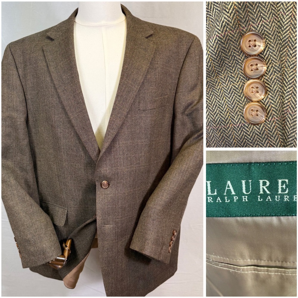 Lauren Ralph Lauren Sport Coat Mens 46R Brown Herringbone Lambswool Blazer EUC